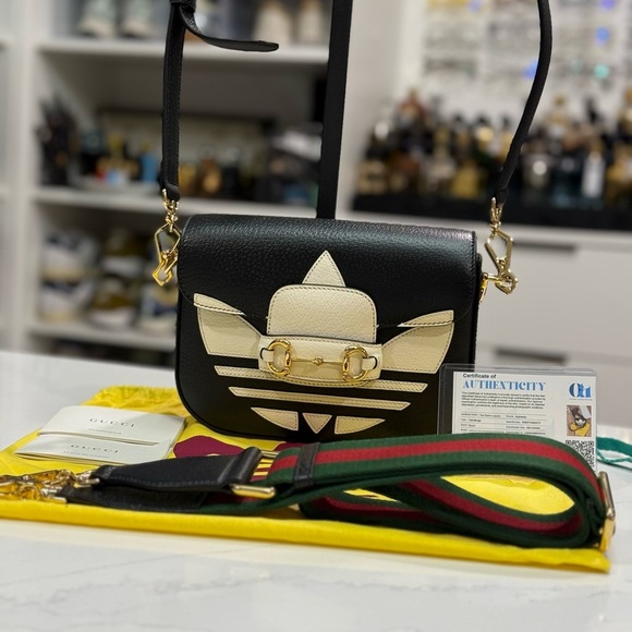GUCCI BAG 658574 ADIDAS 1955 MINI BAG BLACK LEATHER w HORSEBIT WEB HANDLE $3,400 - Picture 1 of 13